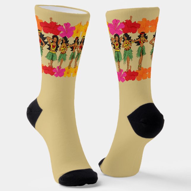 Hula Dancing Girls and Hibiscus Flowers Socks (Angled)