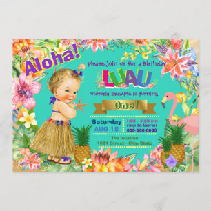 Hula Girl Flamingo Hawaiian Luau Birthday Party Invitation