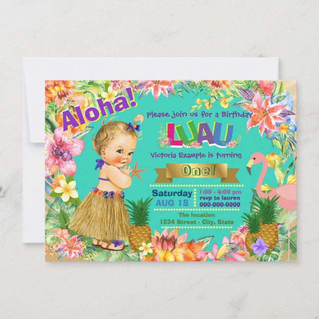 Hula Girl Flamingo Hawaiian Luau Birthday Party Invitation (Front)