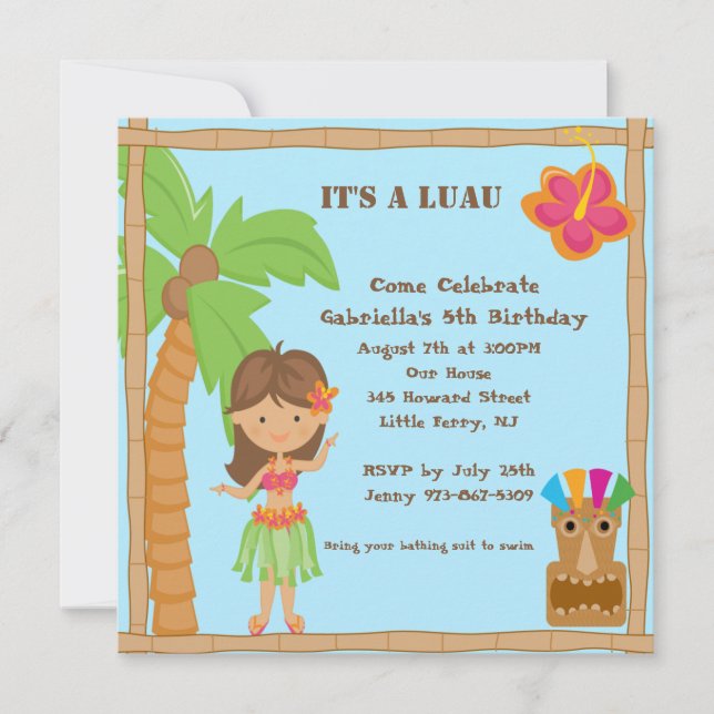 Hula Girl Luau Square Birthday Invitation (Front)
