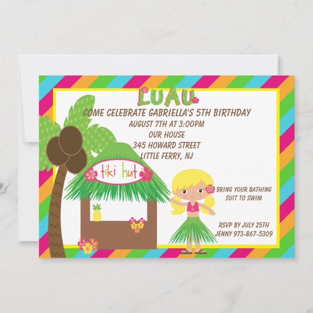 Hula Girl Tiki Hut Bright  Birthday Invitation (Front)