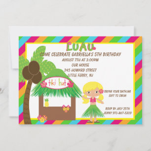 Hula Girl Tiki Hut Bright Birthday Invitation