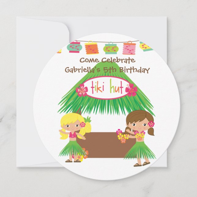 Hula Girls Tiki Hut Round Luau Birthday Invitation (Front)