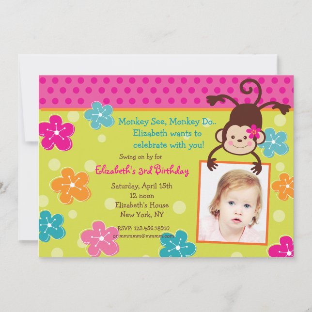 Hula Monkey Luau Photo Birthday Party Invitations (Front)