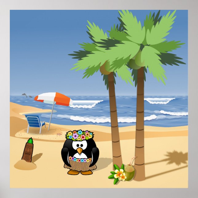 Hula penguin on vacation cartoon illustration poster (Front)