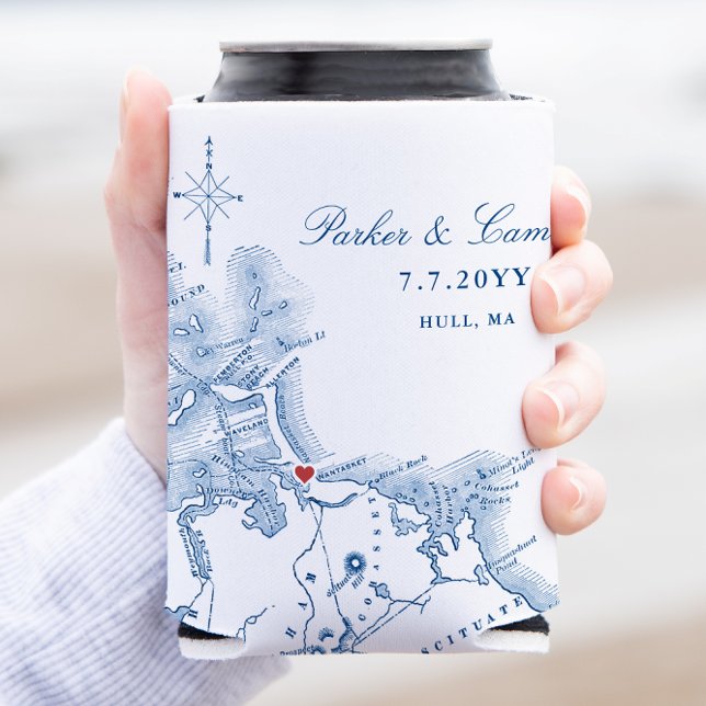 Hull Massachusetts Wedding Favour Drink Can Cooler (Nantasket Beach Resort Coozie Wedding Favor Hull MA custom can cooler from Coastal Map Designs)