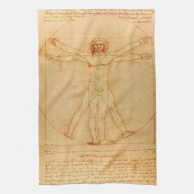 Human Anatomy, Vitruvian Man by Leonardo da Vinci Tea Towel (Vertical)