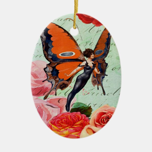 Human-Animal Hybrid Butterfly Woman with Roses Ceramic Tree Decoration (Front)