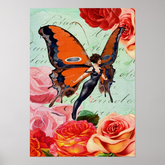 Human-Animal Hybrid Butterfly Woman with Roses Poster (Front)