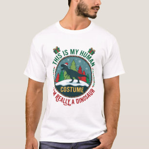 Human Costume Dinosaur Christmas Santa Hat Pine Tr T-Shirt