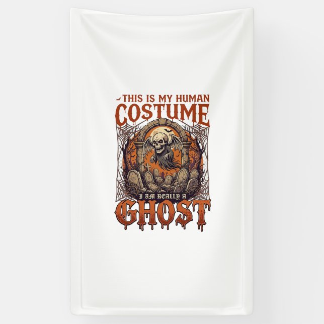Human Costume Ghost Skeleton Graveyard Moon Hallow Banner (Vertical)