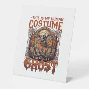 Human Costume Ghost Skeleton Graveyard Moon Hallow Pedestal Sign