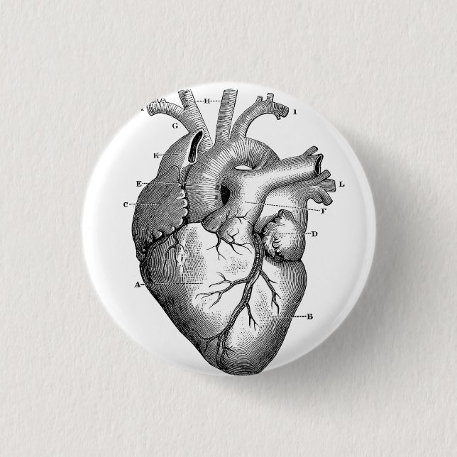 Human Heart Diagram Black & White Button Pin (Front)