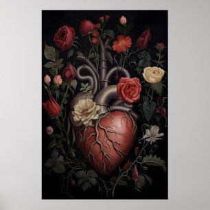 Human Heart With Flowers Print, Valentine Heart Poster