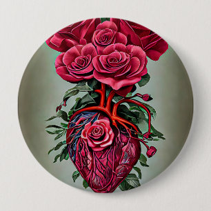 Human Heart with Red rose flowers surreal art  10 Cm Round Badge