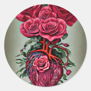 Human Heart with Red rose flowers surreal art Classic Round Sticker