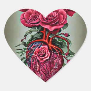 Human Heart with Red rose flowers surreal art Sticker
