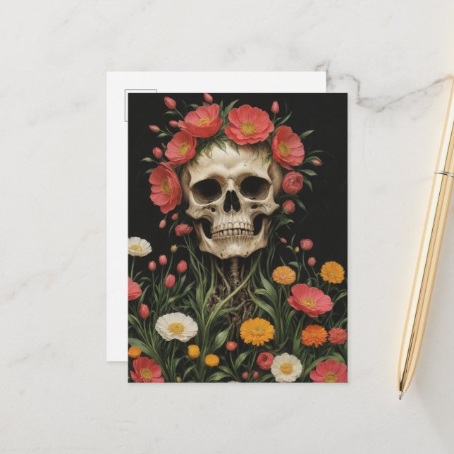 Human Skeleton in Flowers Postcard (Front/Back In Situ)