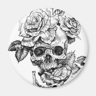 Human skull and roses black ink drawing magnet