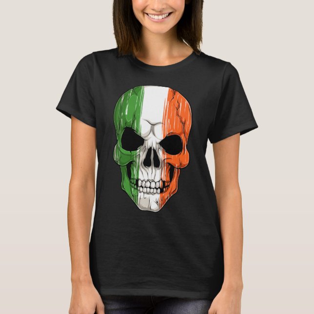 Human Skull Head With Irish Flag Pattern St Patric T-Shirt (Front)