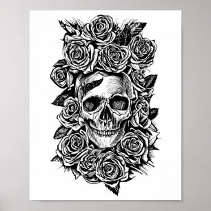 Human Skull Roses Goth Biker Art Illustration Poster