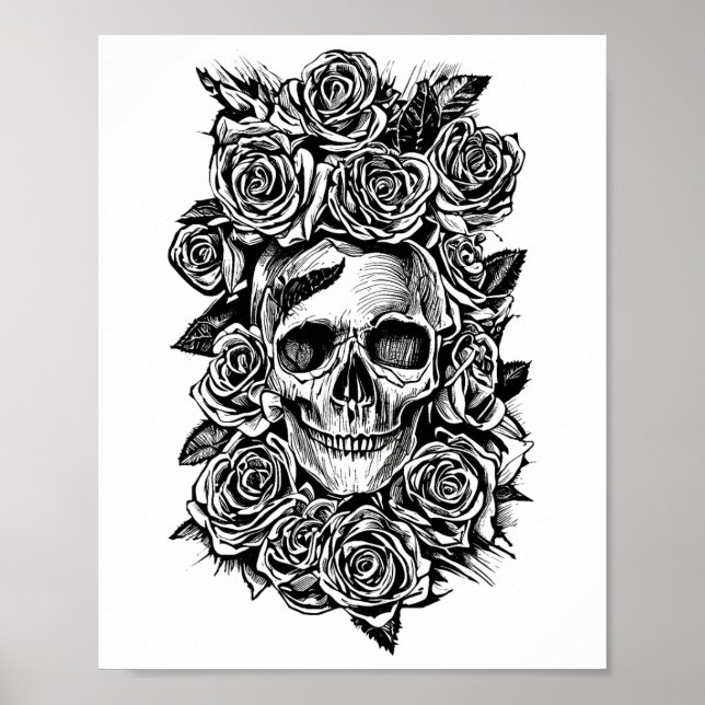 Human Skull Roses Goth Biker Art Illustration Poster (Front)