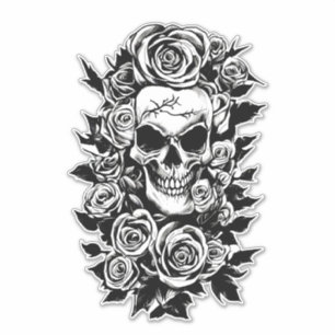 Human Skull Roses Goth Original ink drawing Art   
