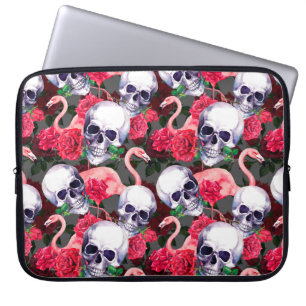 Human skull with flamingo and red rose flowers sea laptop sleeve