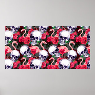 Human skull with flamingo and red rose flowers sea poster