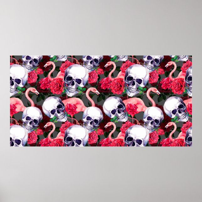 Human skull with flamingo and red rose flowers sea poster (Front)