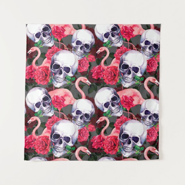 Human skull with flamingo and red rose flowers sea tapestry (Front)