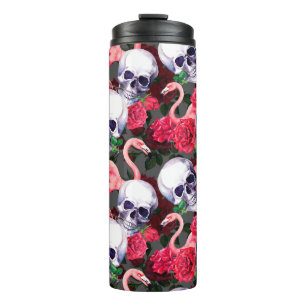 Human skull with flamingo and red rose flowers sea thermal tumbler