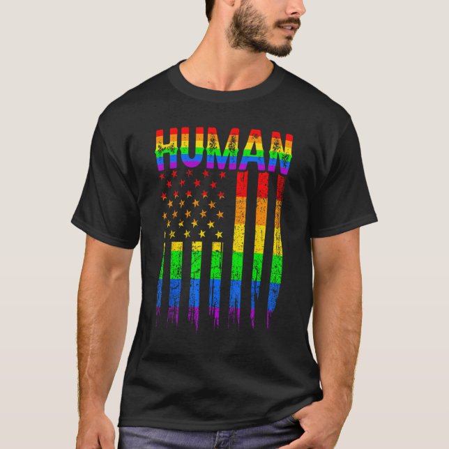 Human USA Flag LGBT Gay Pride Month Rainbow Suppor T-Shirt (Front)