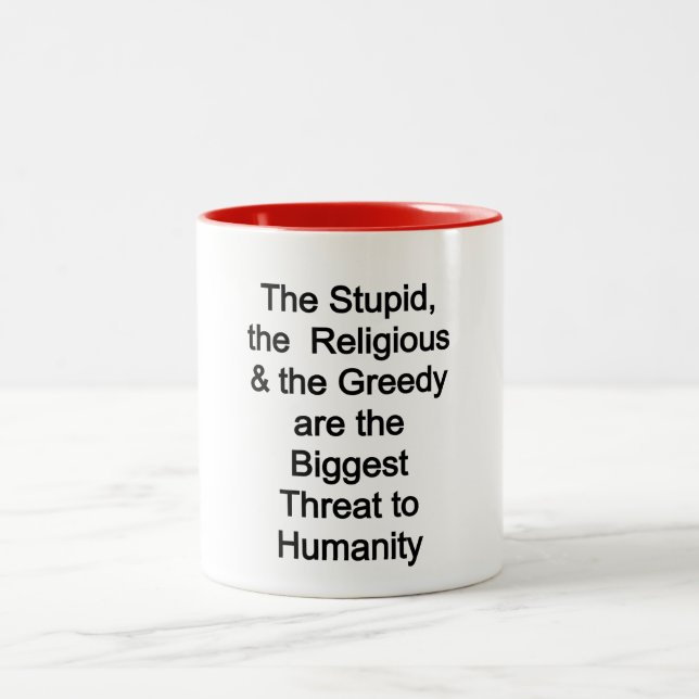 Humanities biggest threats Two-Tone coffee mug (Center)