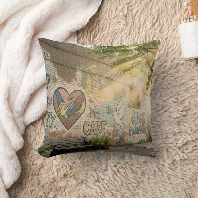 Humanity Graffiti On Brick Wall Mural Cushion (Blanket)