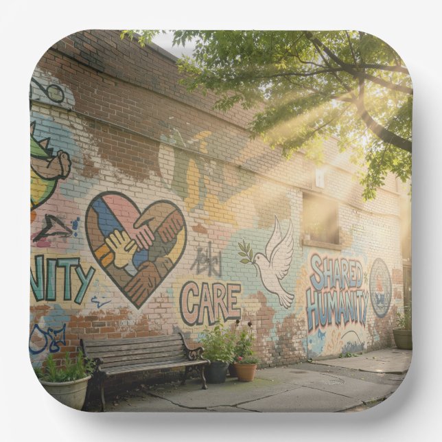 Humanity Symbolic Graffiti On Brick Wall Mural Paper Plate (Front)