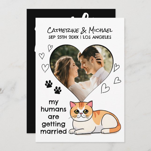 Humans Getting Married Cute Cat Lovers Hand Drawn Save The Date (Front/Back)