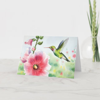Humming bird and hollyhock holiday card