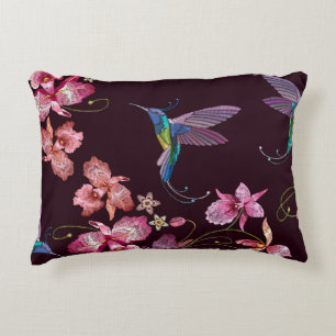 Humming bird and orchid exotic tropical flowers se decorative cushion
