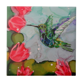 Humming Bird And Red Flowers Ceramic Tile