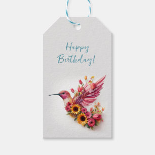 Humming bird flying with flowers Happy Birthday Gift Tags