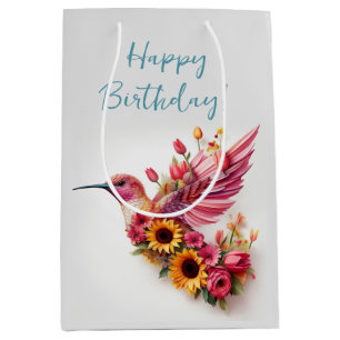 Humming bird flying with flowers Happy Birthday Medium Gift Bag