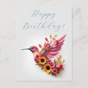 Humming bird flying with flowers Happy Birthday Postcard