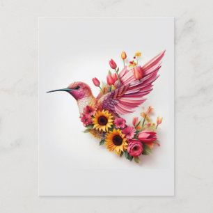 Humming bird flying with flowers postcard