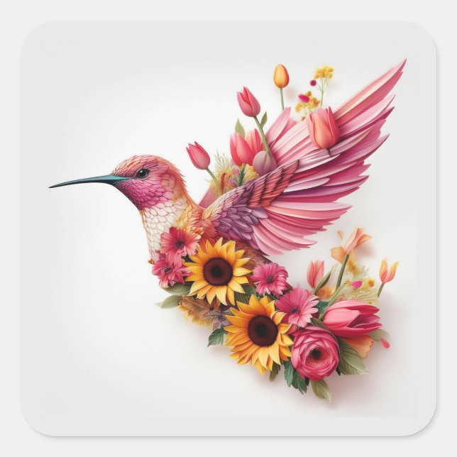 Humming bird flying with flowers square sticker (Front)