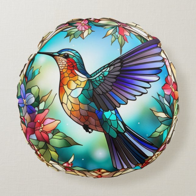 Humming Bird in the Stained Glass Style Round Cushion (Front)