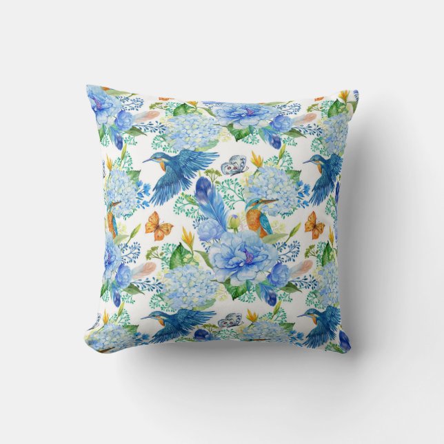 Humming Birds And Blue Hydrangea Cushion (Front)