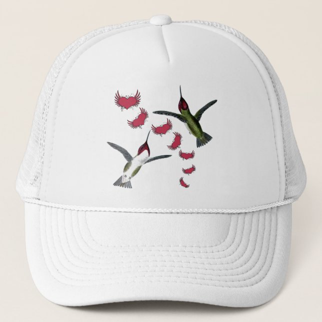 Humming Birds Grunge Hearts with Wings Trucker Hat (Front)