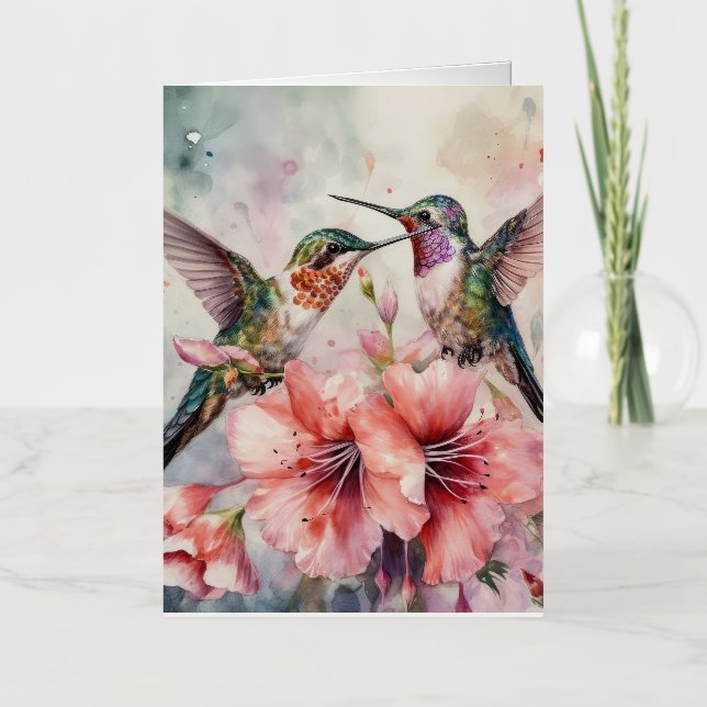 Humming Birds with Flowers Foil Greeting Card (Front)
