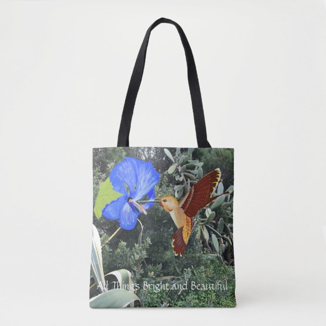 Hummingbird and blue Hibiscus with tropical plants Tote Bag (Front)